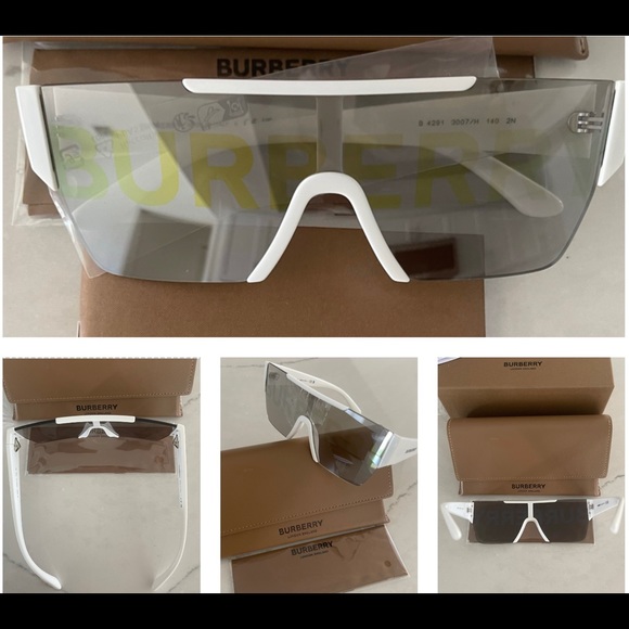 BURBERRY SHIELDS WITH SILVER & GOLD BURBERRY WRITTEN ON MIRROR LENSES SUNNIES - Picture 2 of 16